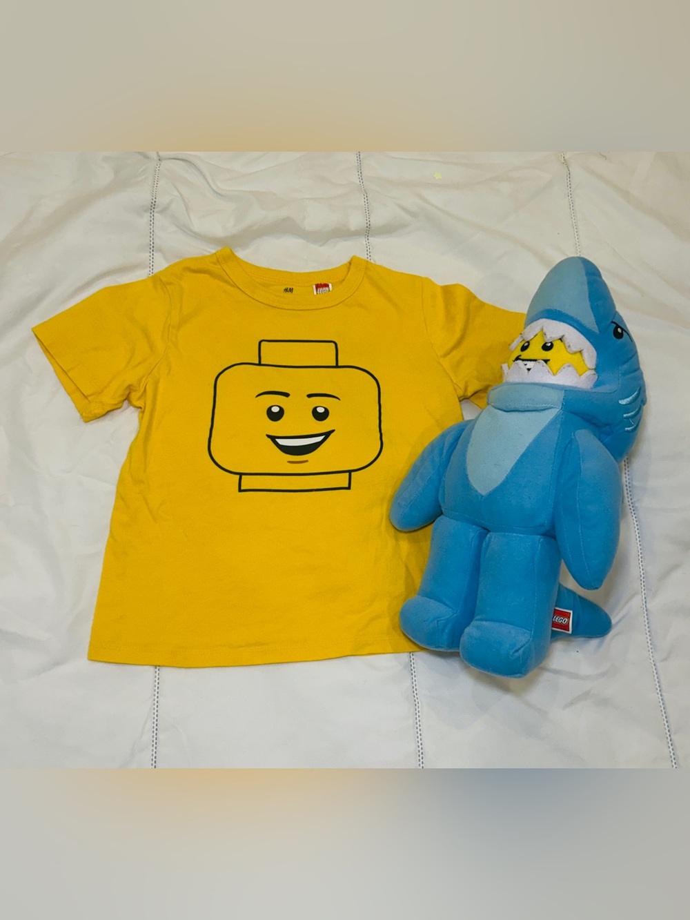 H&M x Lego Yellow Minifigure Tshirt 5T with Blue Shark Plush bundle